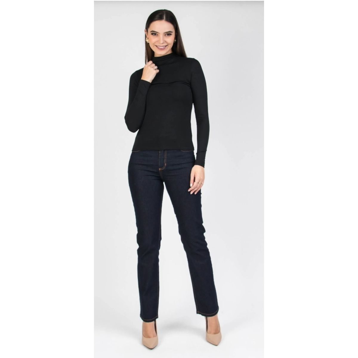 BLUSA BÁSICA MALHA MANGA LONGA GOLA PRETA - Fátima Modas