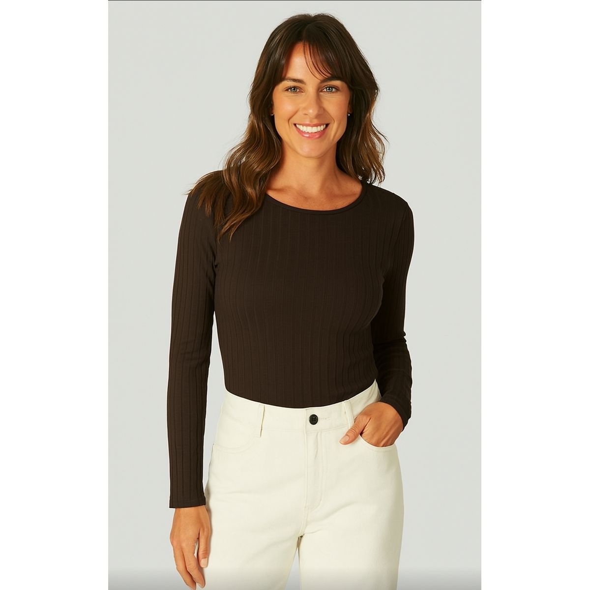 Blusa Básica Feminina Manga Longa Em Malha Canelad... - Fátima Modas
