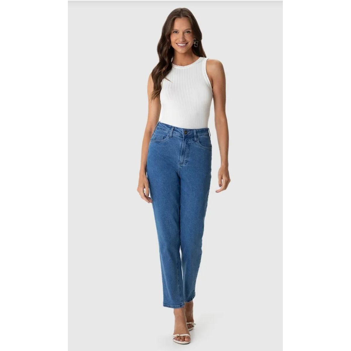 Calça Feminina Mom Bolso Funcional Em Jeans Com El... - Fátima Modas