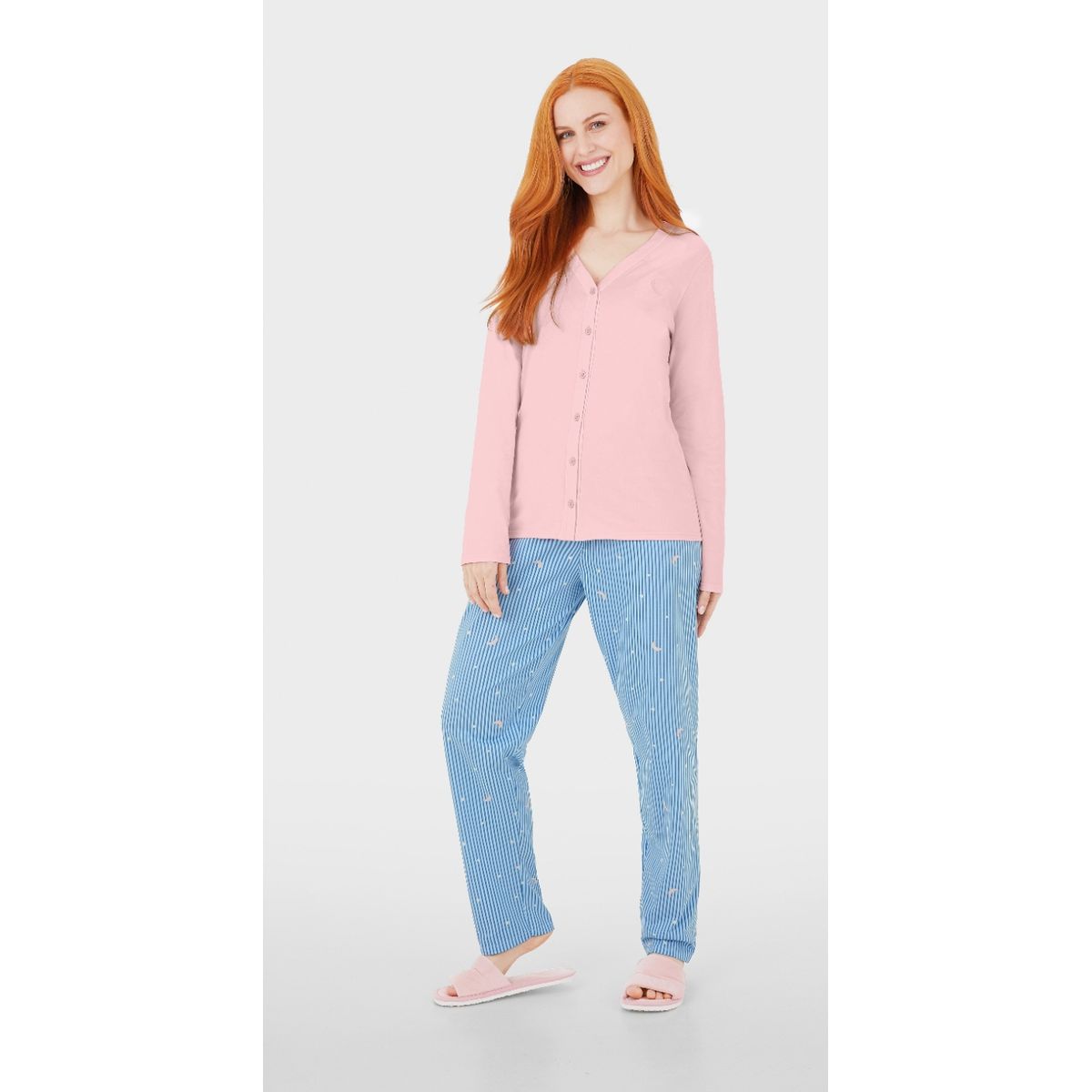 Pijama Longo Feminino Blusa Manga Longa Abertura P... - Fátima Modas