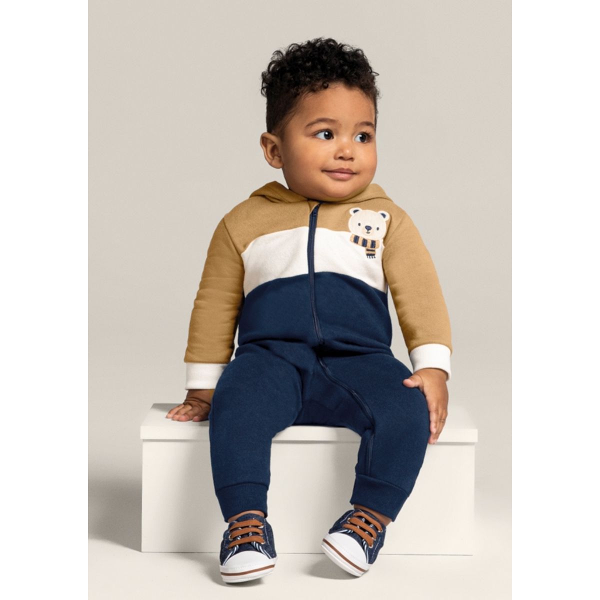 Macacão em Moletom Bebê Menino Teddy Bear Bege - B... - Fátima Modas