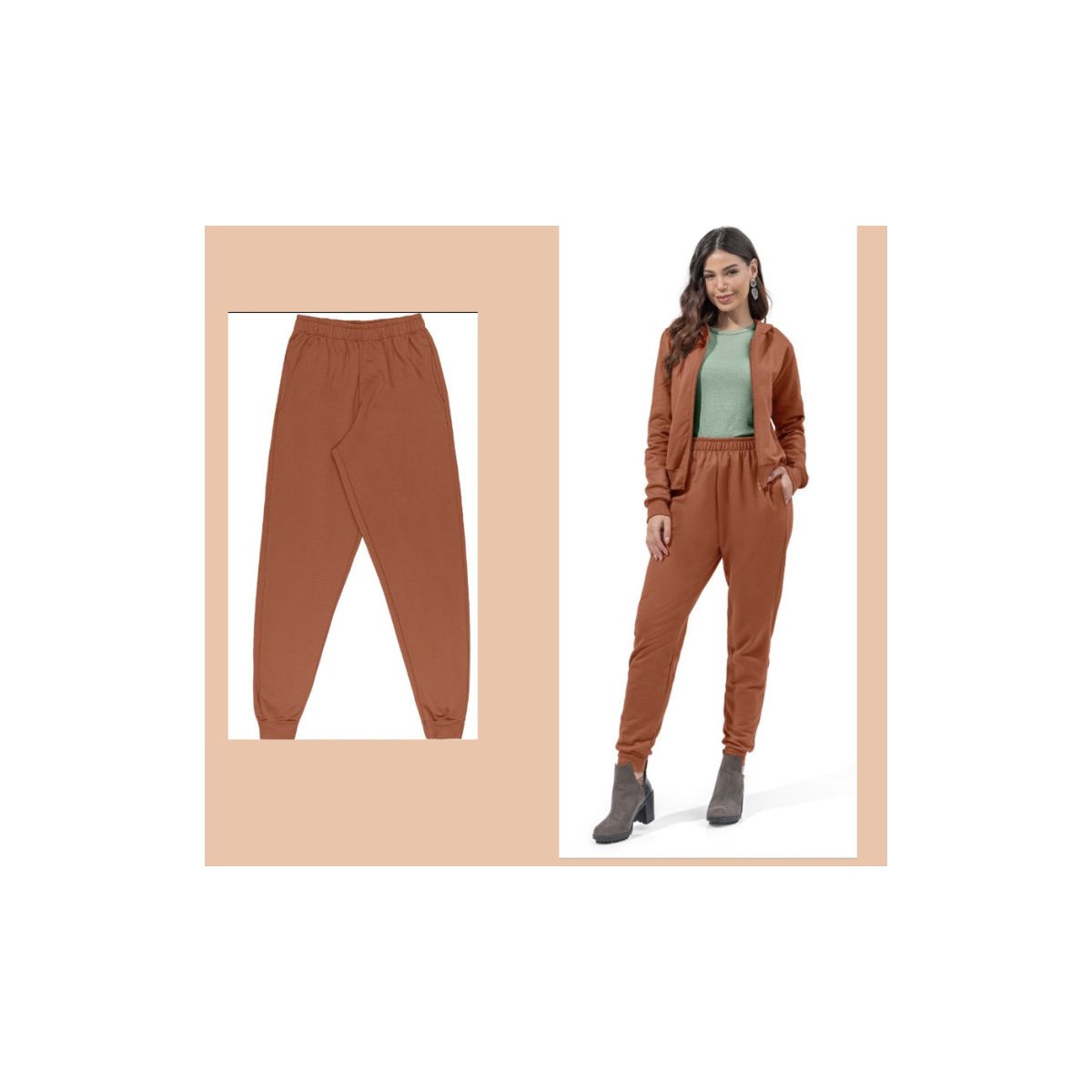 Calça em moletom flanelado Camel - Fátima Modas