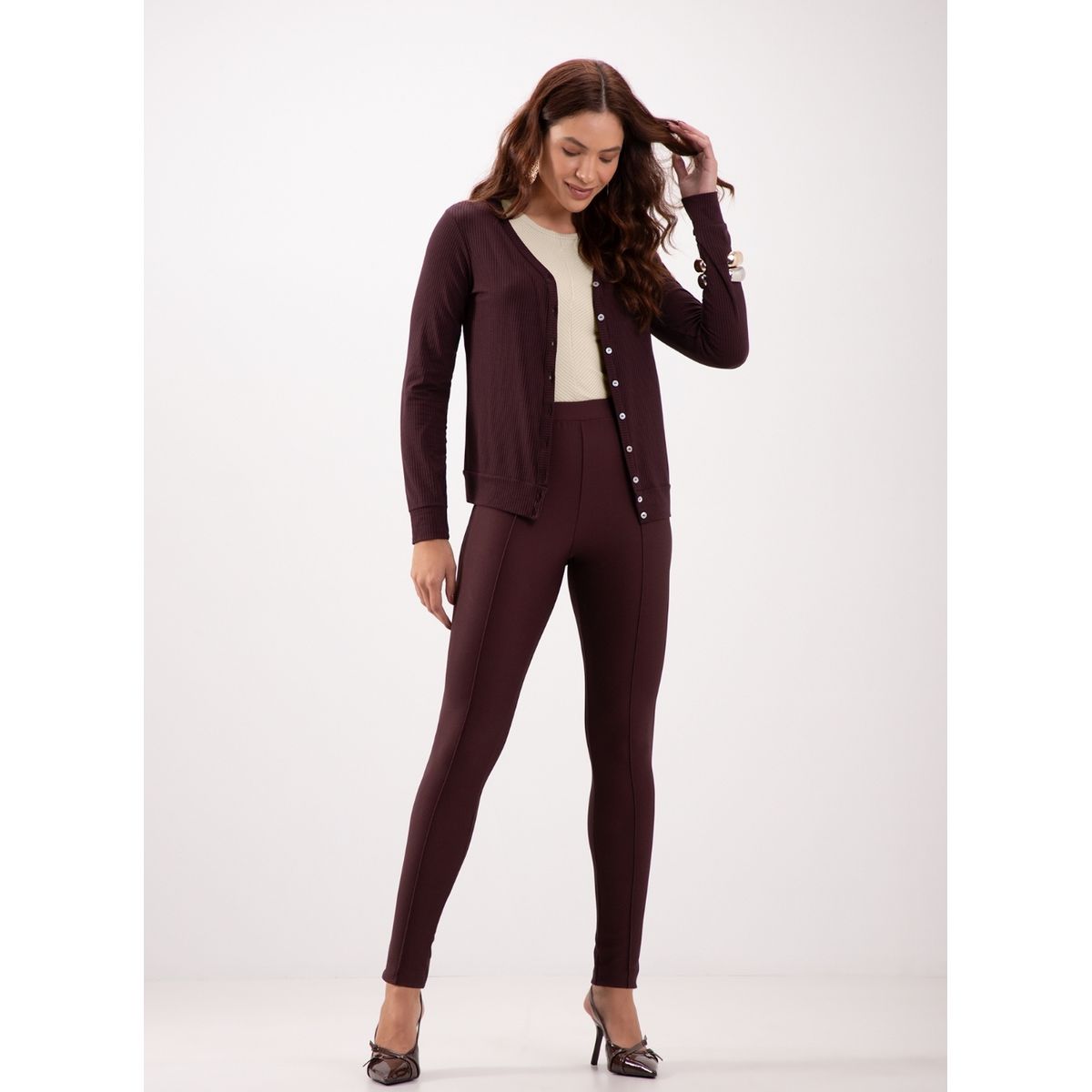 Lunender - Cardigan de Malha Canelada com Decote - Fátima Modas