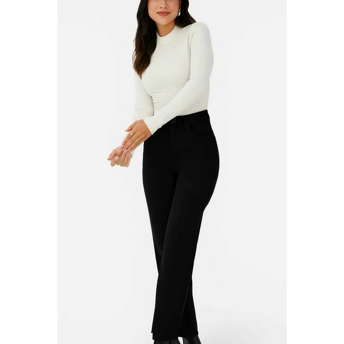 Calça Straight Cropped Feminina Cintura Alta Em Sa... - Fátima Modas