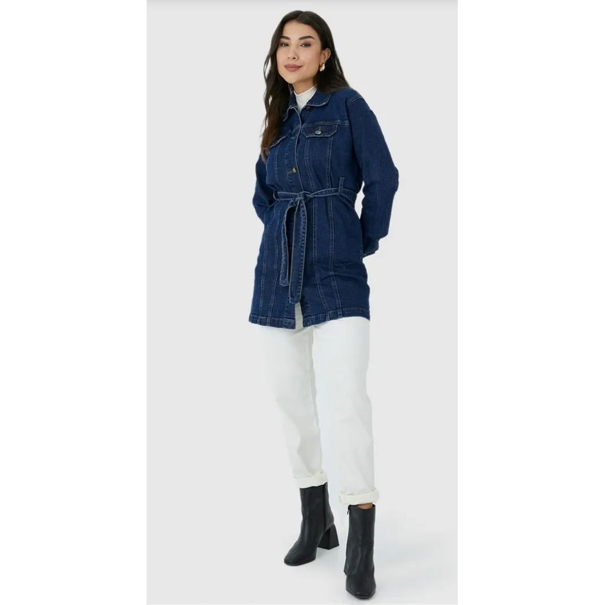 Jaqueta Feminina Alongada Com Cinto Em Jeans Com E... - Fátima Modas