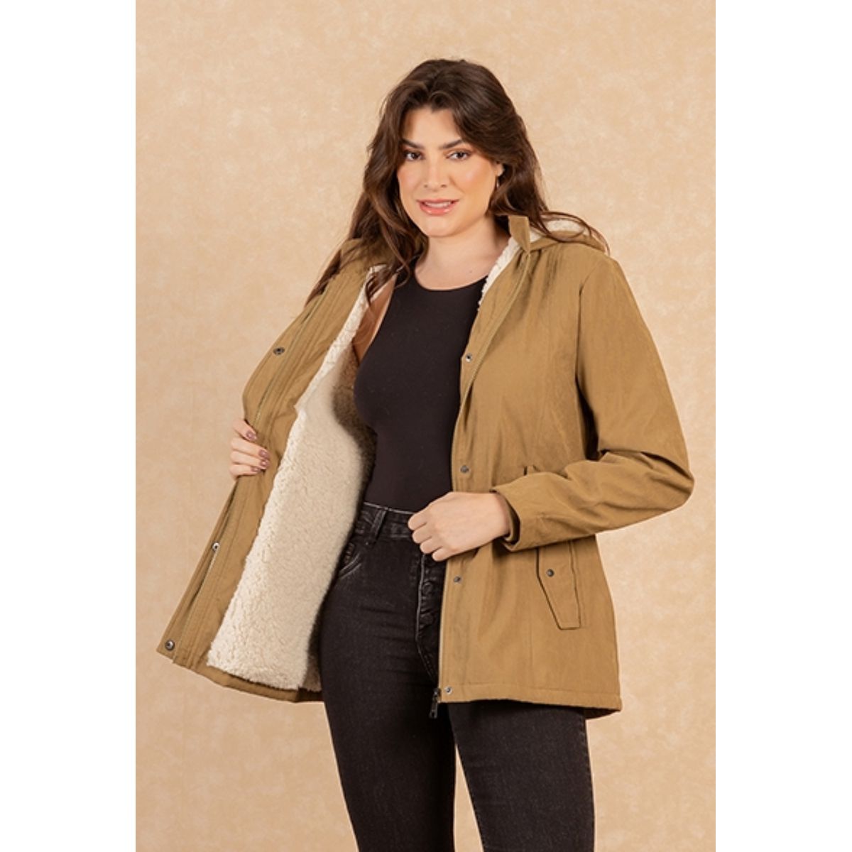 Jaqueta Parka Sarja Forrada com Capuz - Caramelo - Fátima Modas