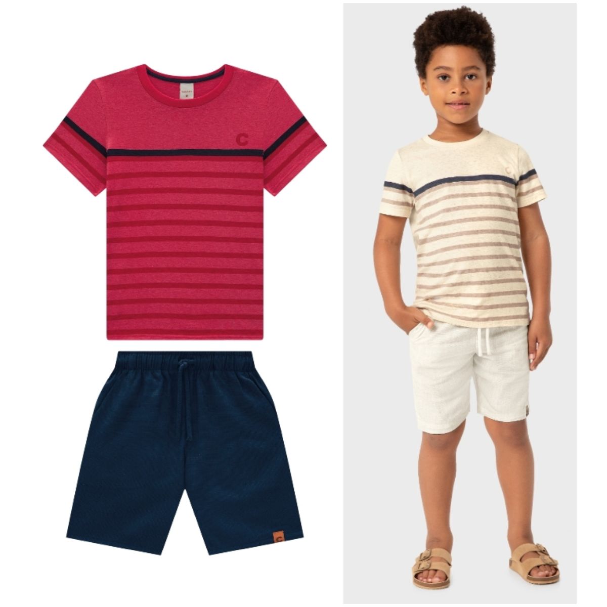 Conjunto Menino Camiseta Listrada Em Malha Linho -... - Fátima Modas