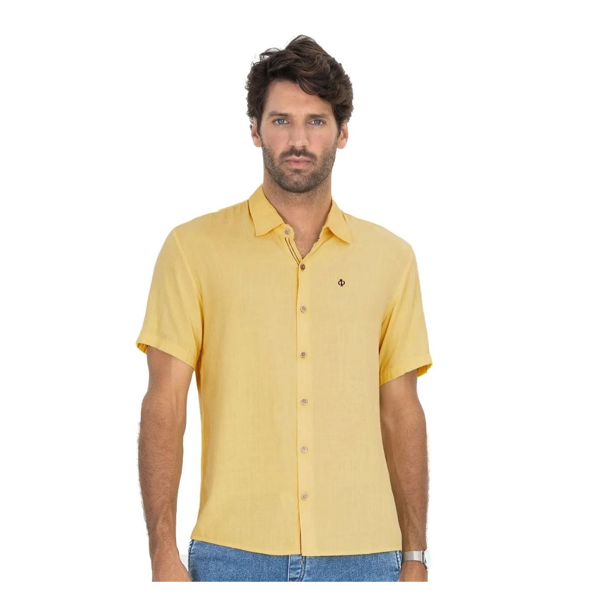 Camisa Masculina Em Viscose Slub Diametro Amarelo - Fátima Modas
