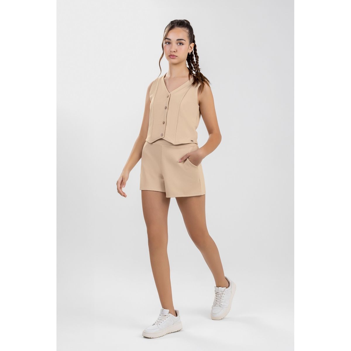 Conjunto Juvenil Menina Colete e Short Beats Bege - Fátima Modas