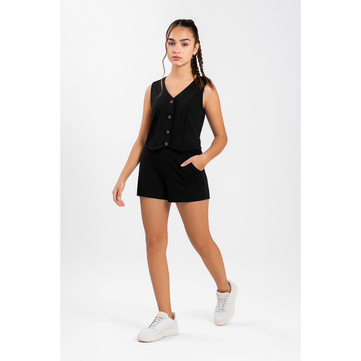 Conjunto Juvenil Menina Colete e Short Beats Preto - Fátima Modas