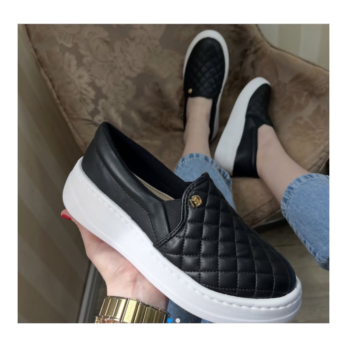Tênis Slip On Feminino Matelassê Preto - Fátima Modas