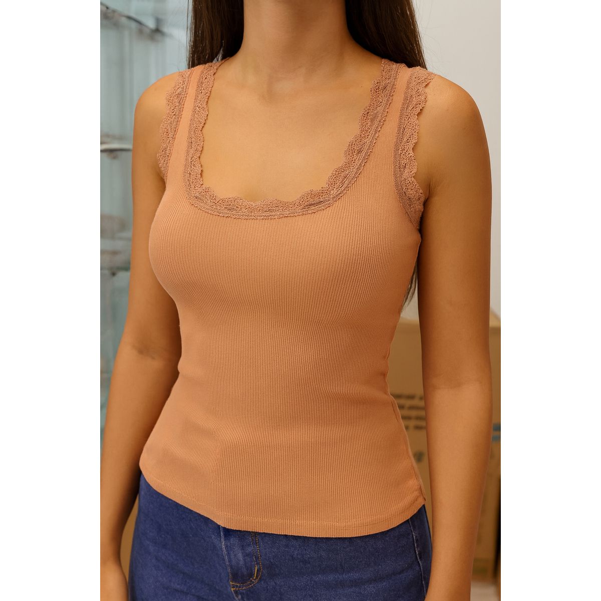 Regata Feminina Com Detalhe Renda Em Ribana - Fátima Modas