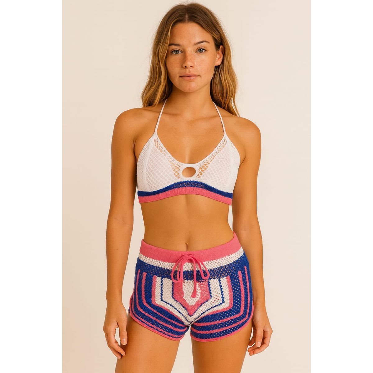 conjunto tricot azul e rosa - Fátima Modas