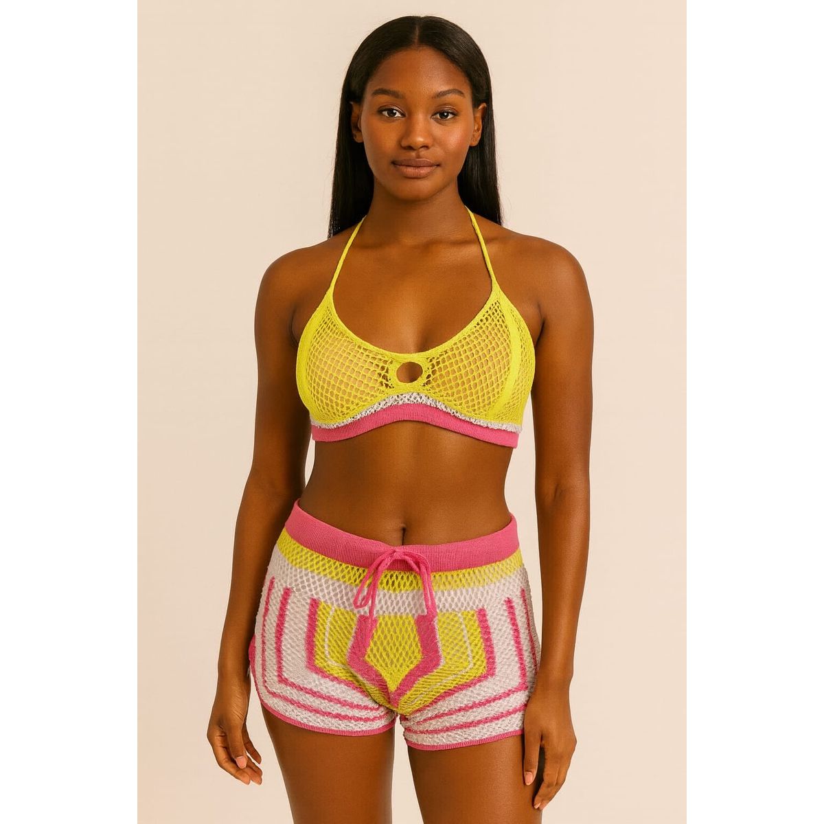 conjunto tricot amarelo e rosa - Fátima Modas