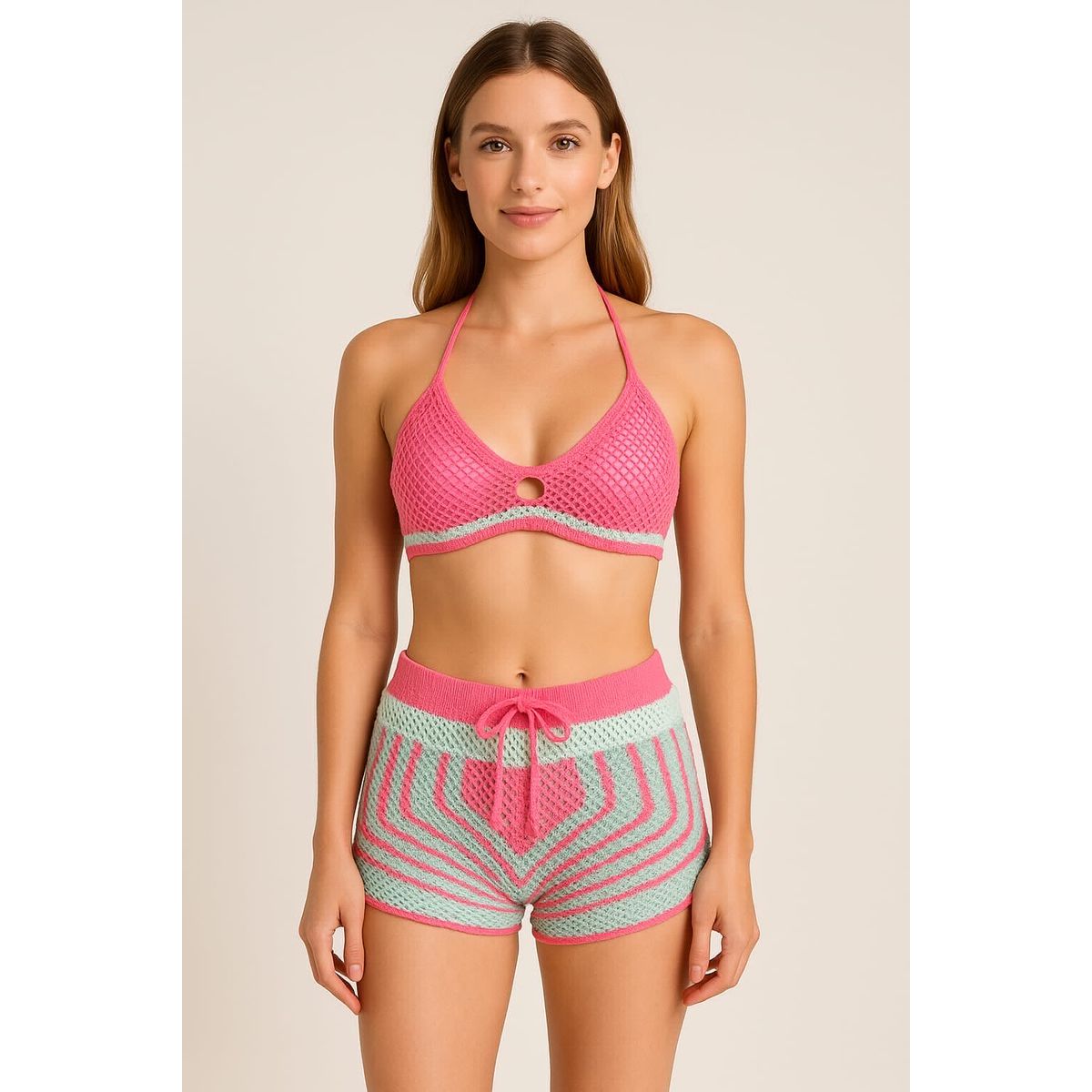 conjunto tricot rosa e verde - Fátima Modas