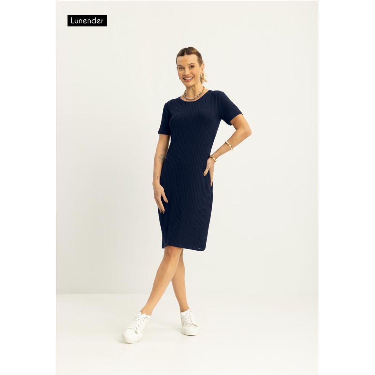 Vestido Midi Canelado Básico Manga Curta - Fátima Modas