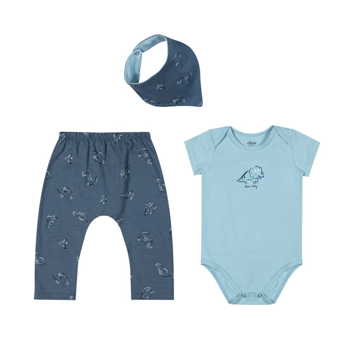 Kit Bebê Menino Dino Com Babador Elian Azul - Fátima Modas