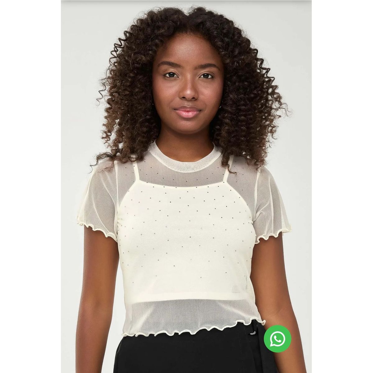 Blusa Juvenil Tule Com Strass Beats Bege - Fátima Modas