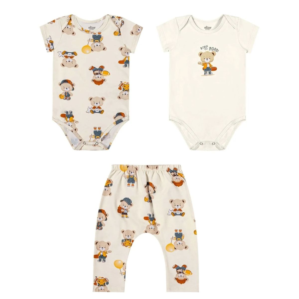 Kit Bebê Menino Bodies Bichinhos Elian Bege - Fátima Modas