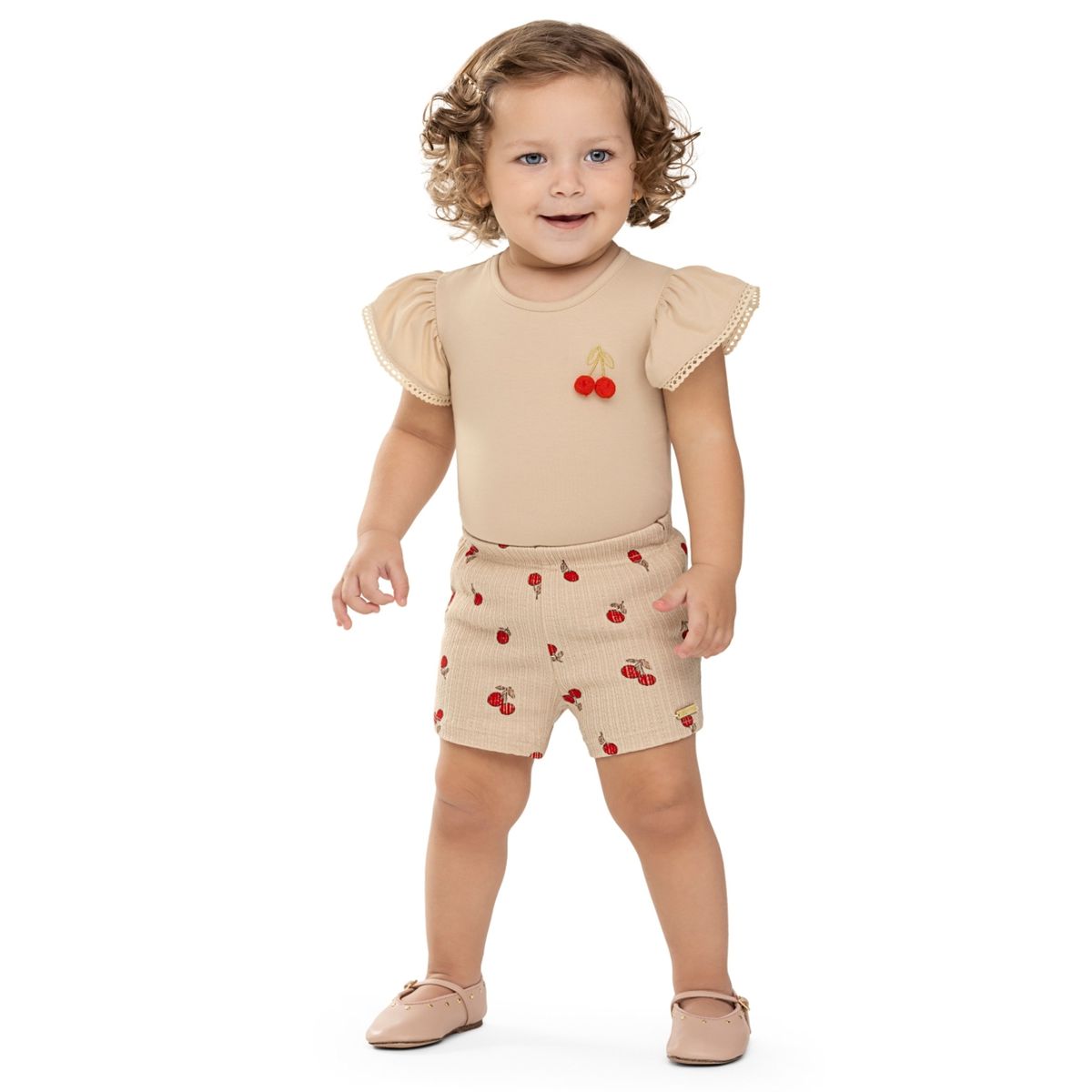 Conjunto Bebê Menina Pompom Cereja Colorittá Bege - Fátima Modas