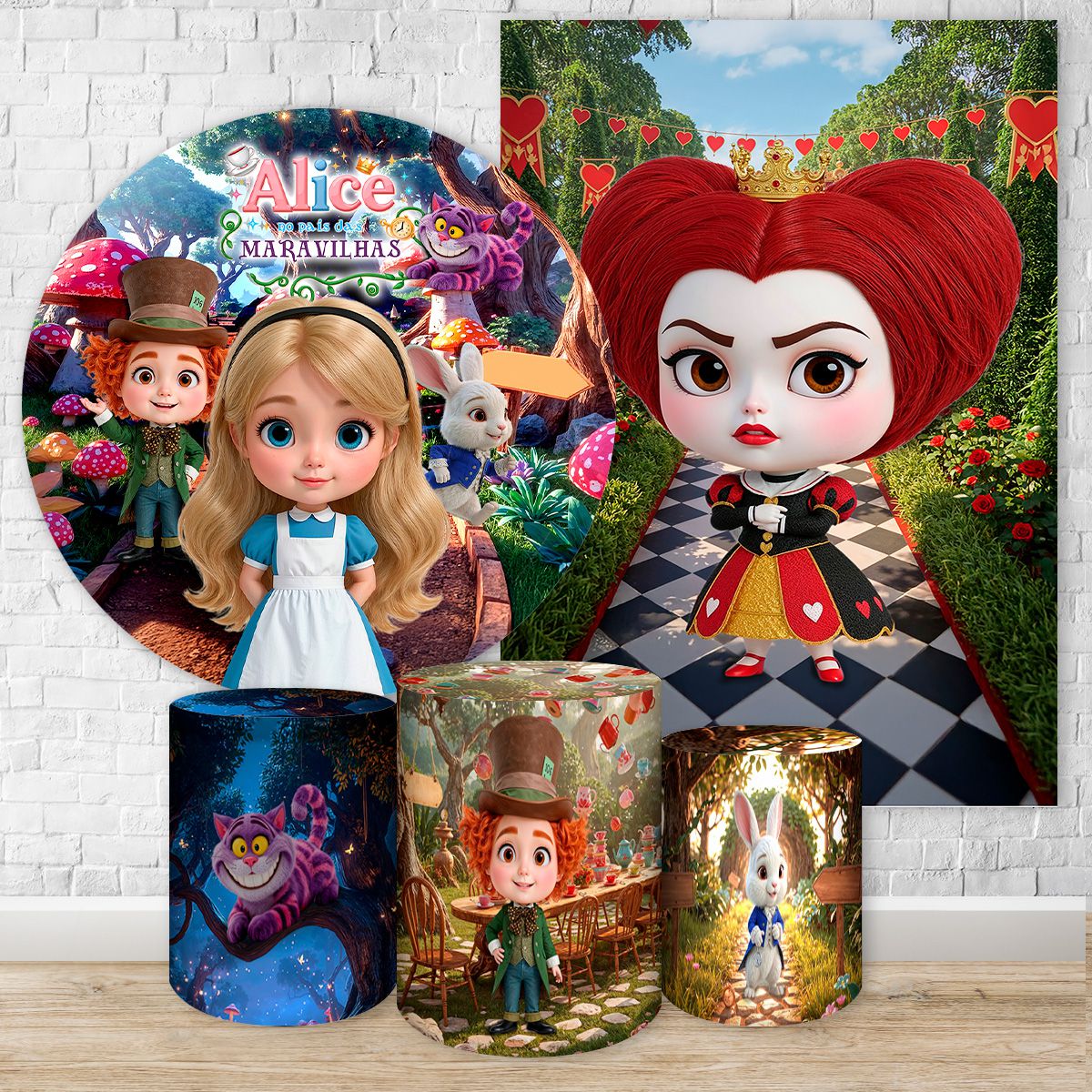 Kit 5 Peças Tema Alice no Pais das Maravilhas 4225 - Kit 5 Peças Tema Alice no Pais das Maravilhas 4... - Painel Festivo