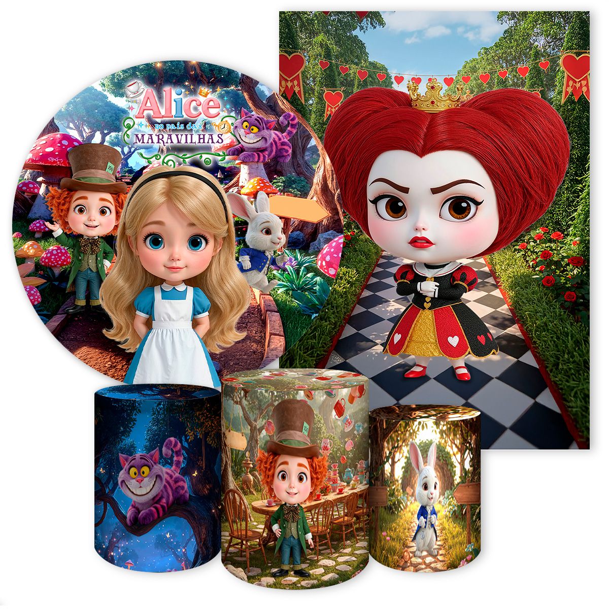 Kit 5 Peças Tema Alice no Pais das Maravilhas 4225 - Kit 5 Peças Tema Alice no Pais das Maravilhas 4... - Painel Festivo