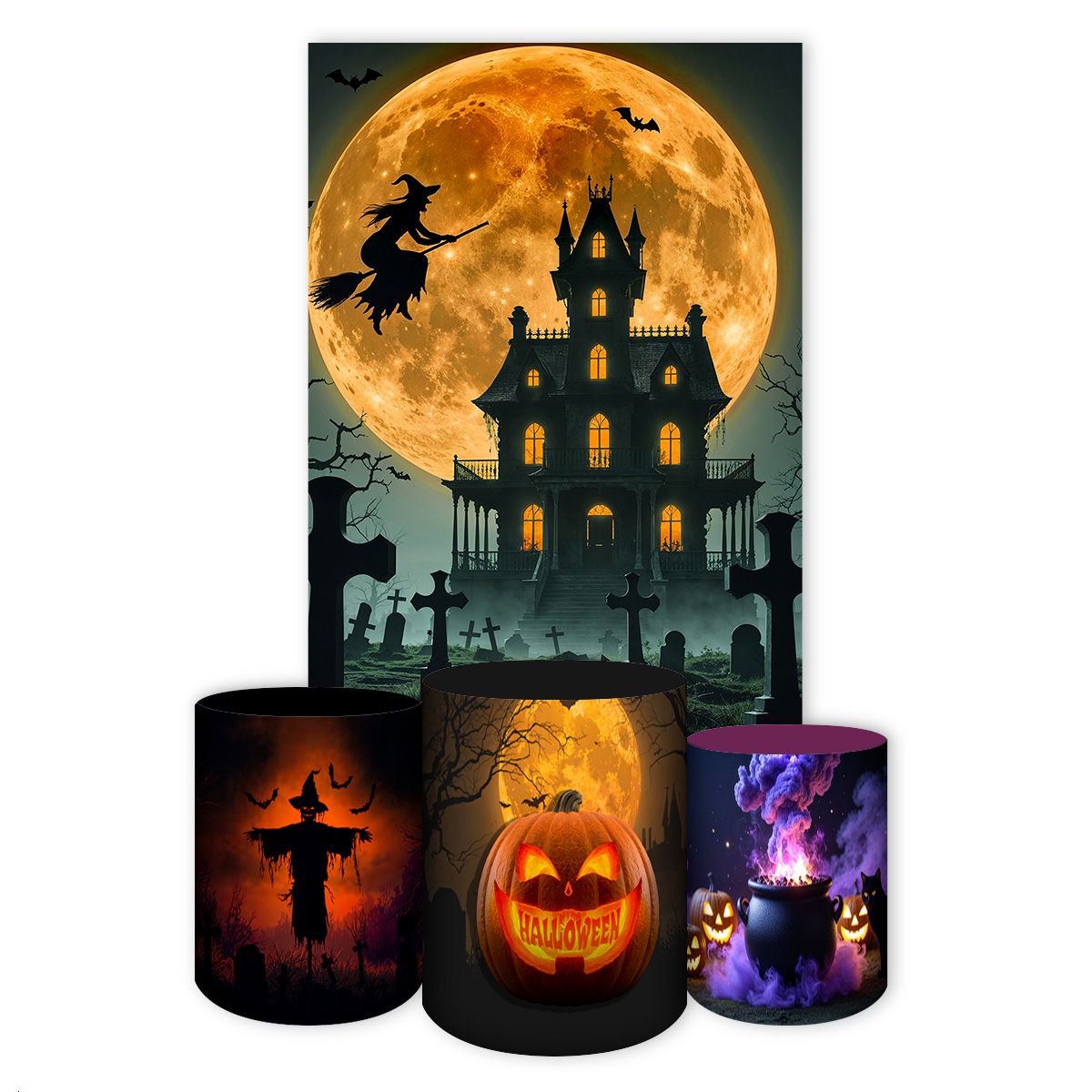 Kit Retangular + Trio Cilindros Tema Halloween 4236 - Retangular + Trio de Cilindros 4236 - Painel Festivo