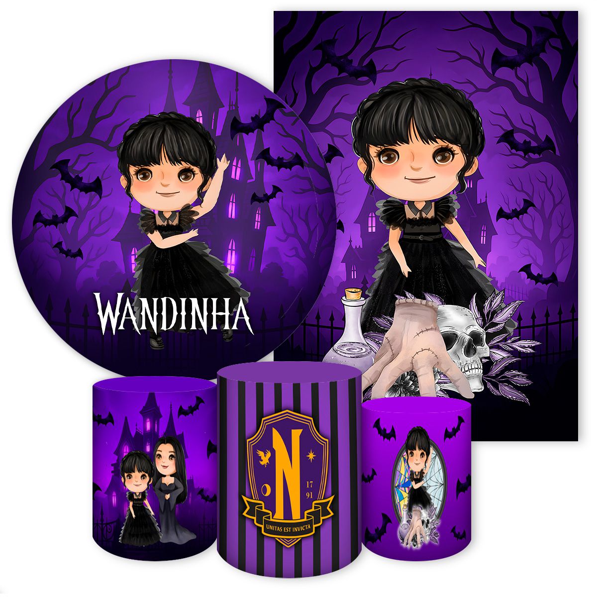 Kit 5 Peças Capas Tema Wandinha 7095 - Kit 5 Capas 7095 - Painel Festivo