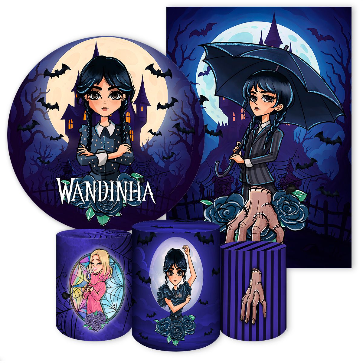 Kit 5 Peças Tema Wandinha 7096 - Kit 5 Peças 7096 - Painel Festivo