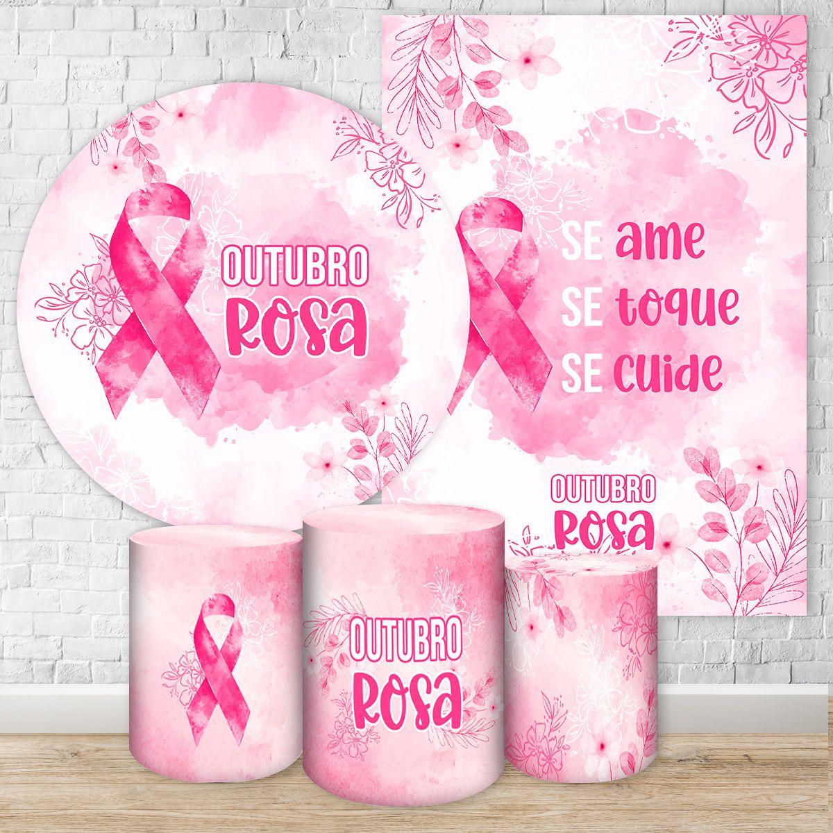 Kit 5 peças Tema Outubro Rosa 7125 - Kit 5 peças Tema Outubro Rosa 7125 - Painel Festivo