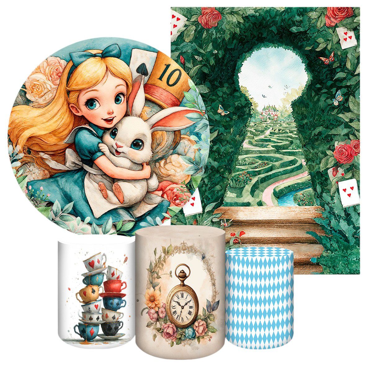 Kit 5 Peças Tema Alice no Pais das Maravilhas 4227 - Kit 5 Peças 4227 - Painel Festivo