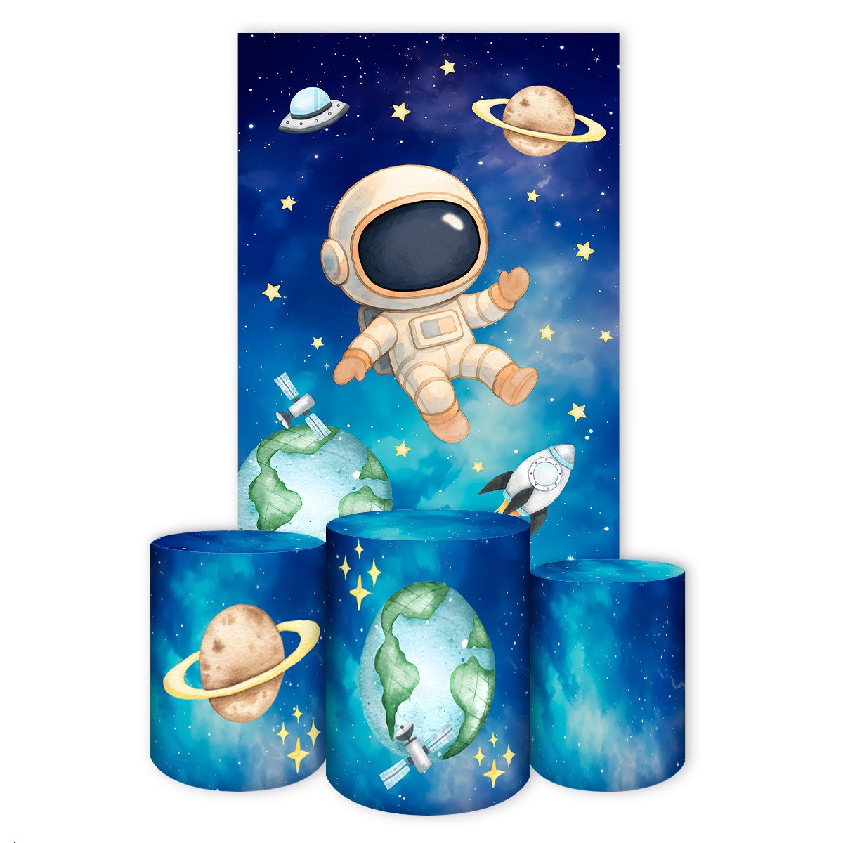 Retangular + Trio de Cilindros Tema Astronauta 7136 - Retangular + Cilindros 7136 - Painel Festivo