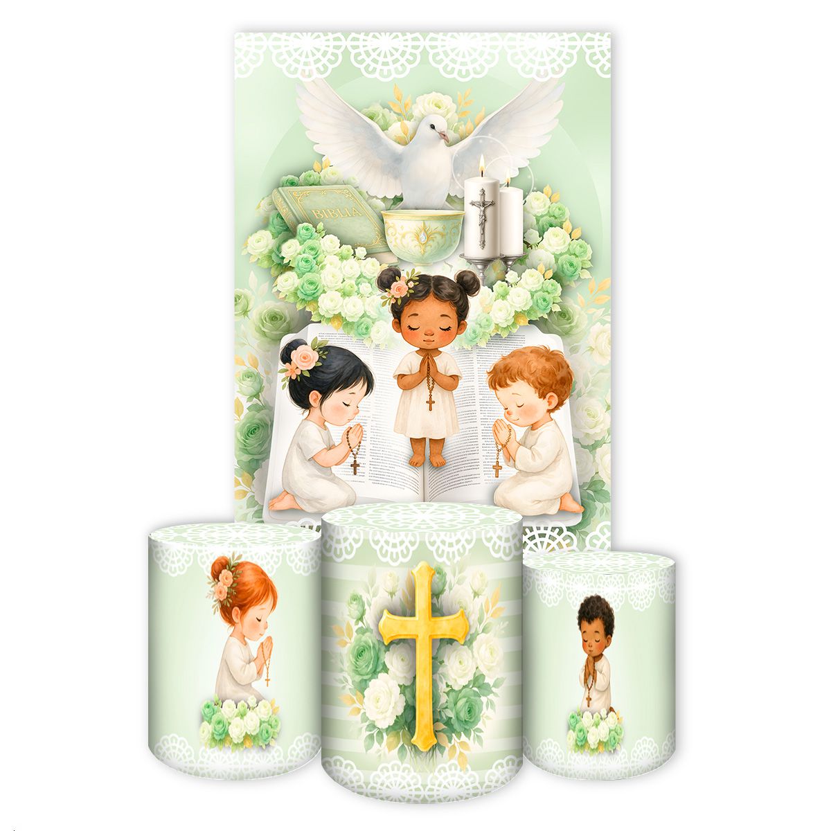 Retangular + Trio Capas Cilindros Tema Batizado 7140 - Retangular + Cilindro 7140 - Painel Festivo