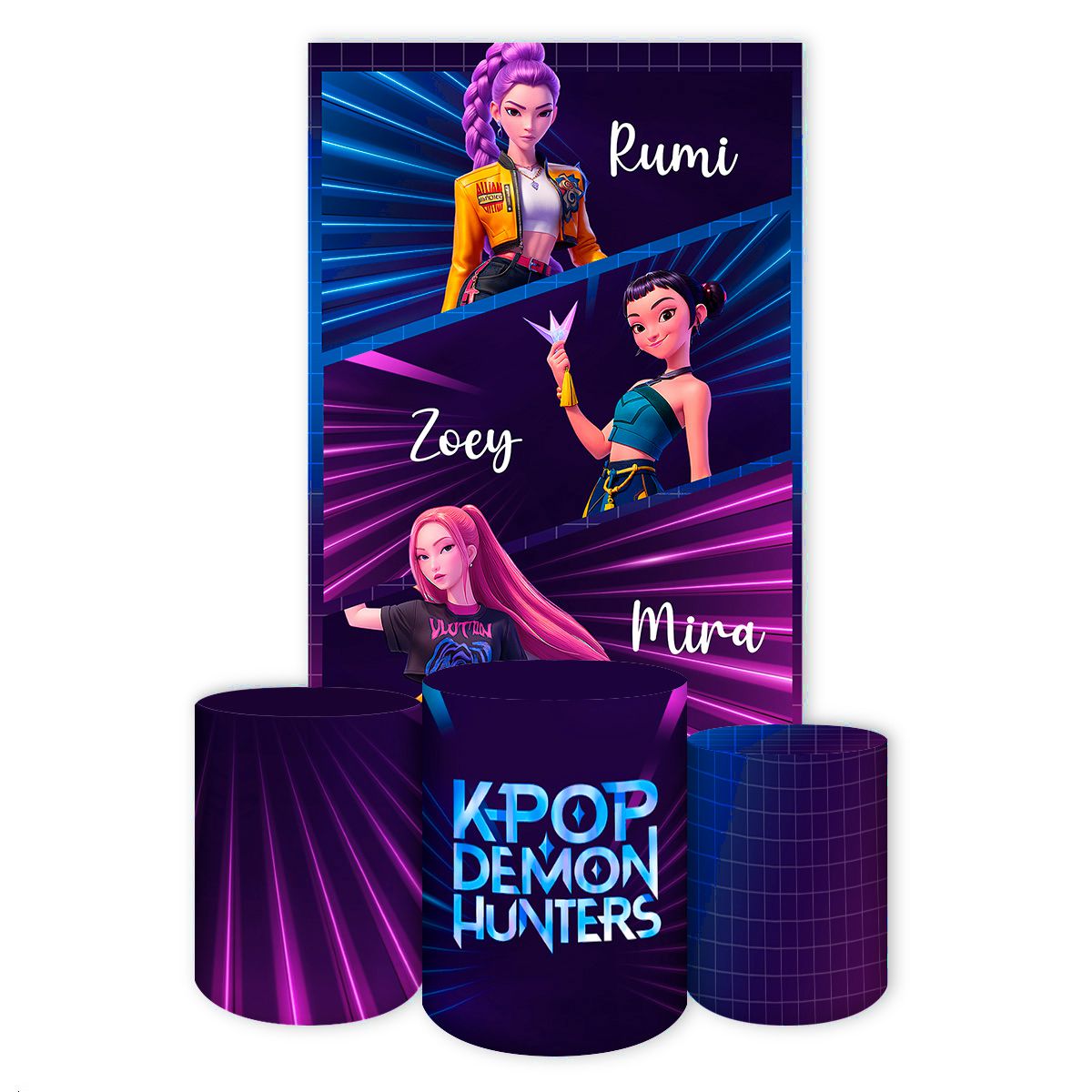 Kit Retangular + Trio Cilindros Tema Guerreiras do K-Pop 7157 - Retangular + Trio de Cilindros 7157 - Painel Festivo