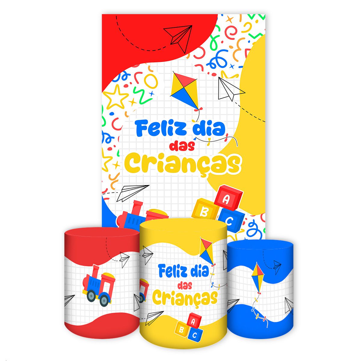 Kit Retangular + Trio de Cilindros Tema Dia das Crianças 7164 - Retangular + Trio de Cilindros 7164 - Painel Festivo