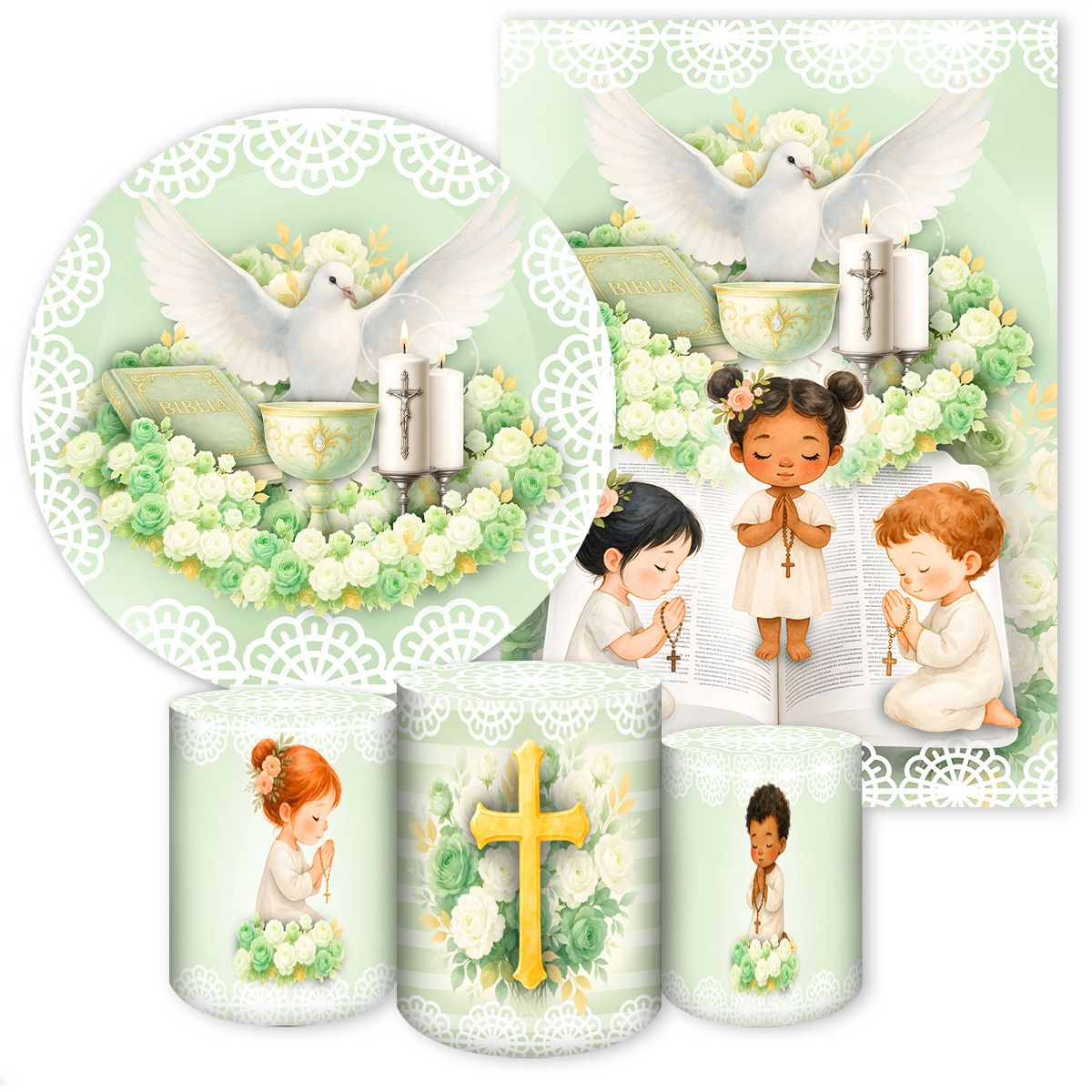 Kit 5 Peças Tema Batizado 7140 - Kit 5 Peças 7140 - Painel Festivo