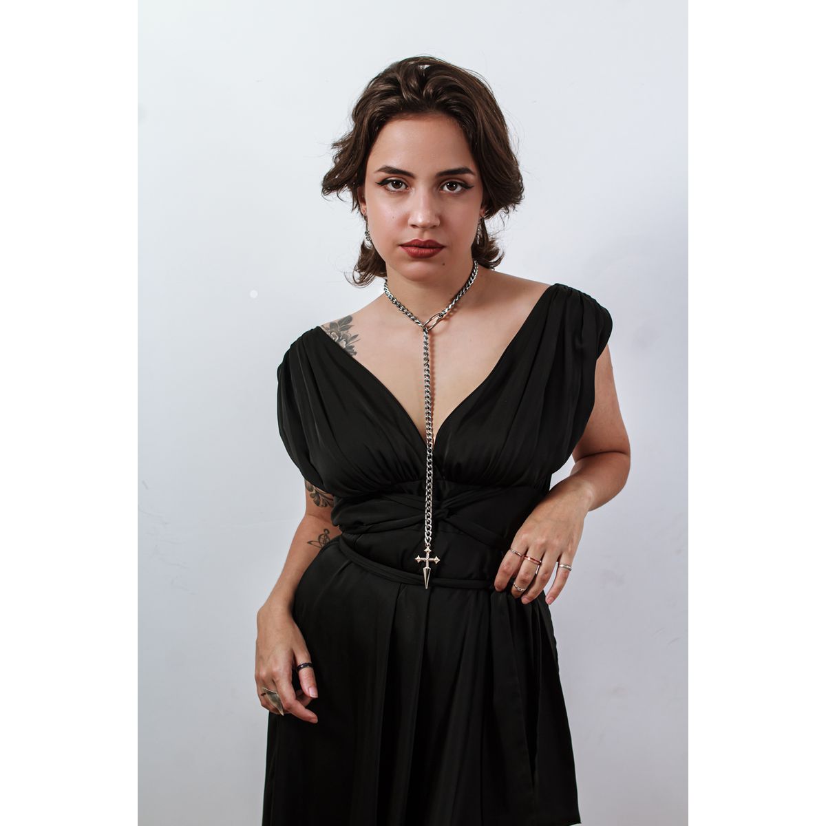 Colar Slip Chain Gravatinha com Cruz Reforçado Prateado BDSM
