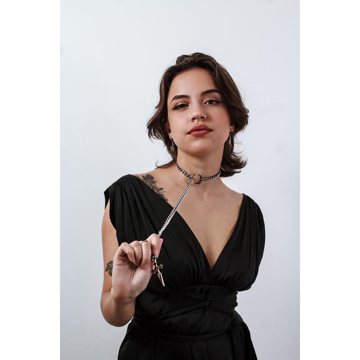 Colar Slip Chain Gravatinha com Cruz Reforçado Prateado BDSM