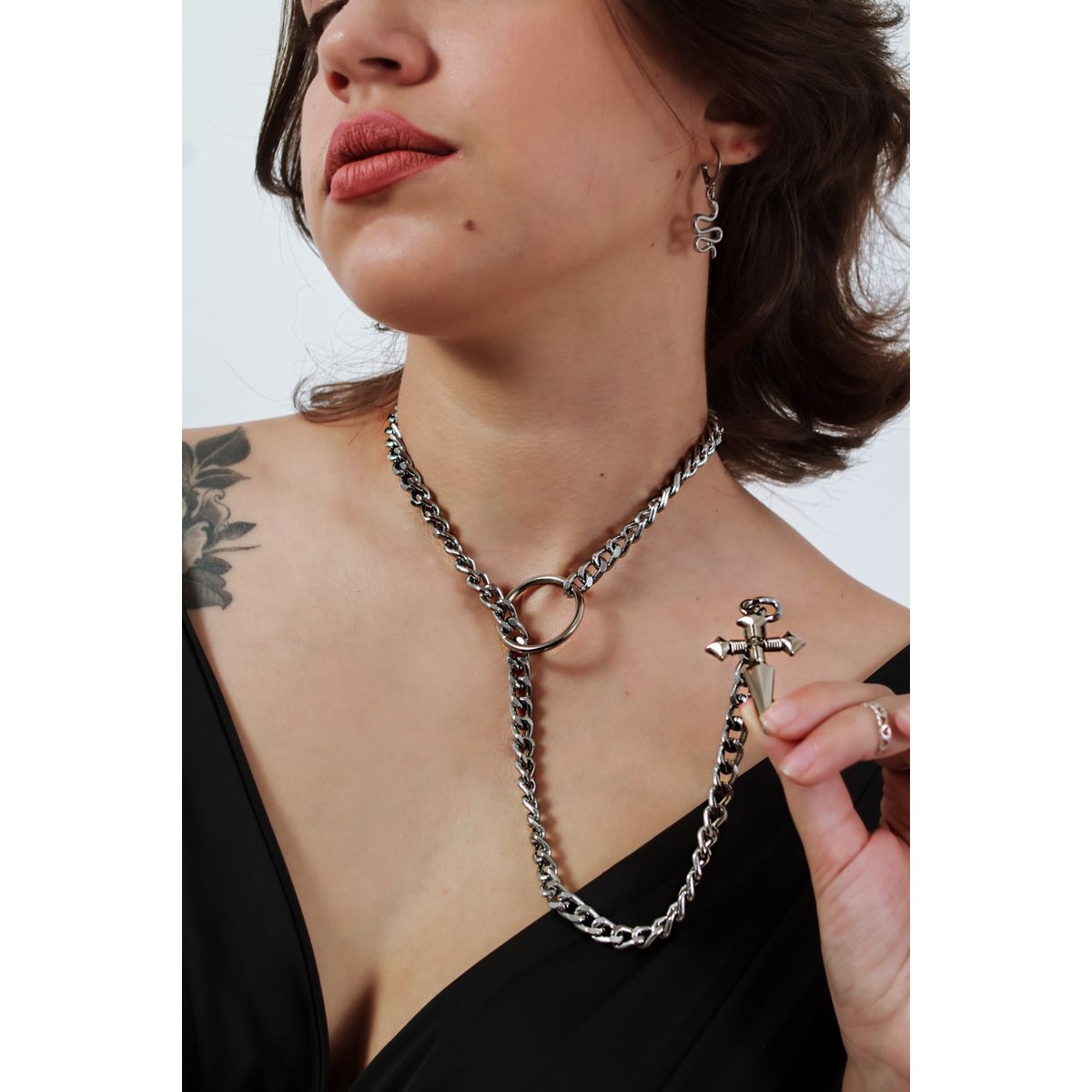 Colar Slip Chain Gravatinha com Cruz Reforçado Prateado BDSM