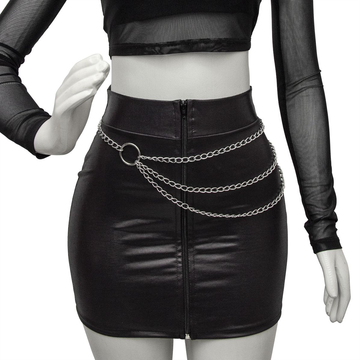 Acessório Cinto Body Chain com Três Correntes e Argolas Prateadas