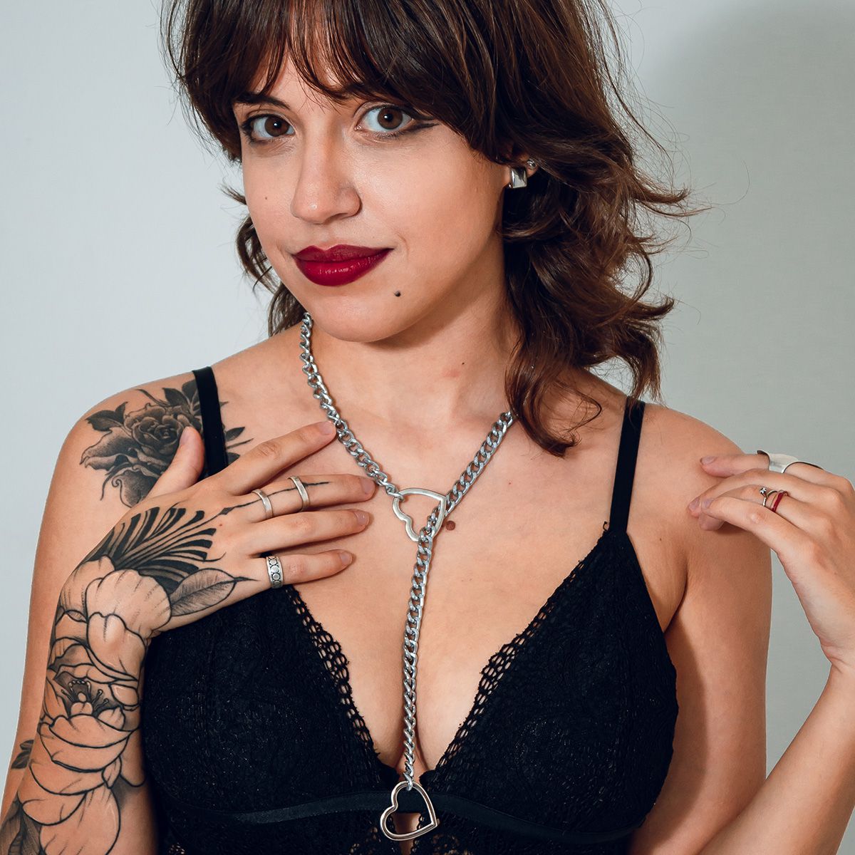 Colar Slip Chain Gravatinha com Coração Reforçado Prateado BDSM