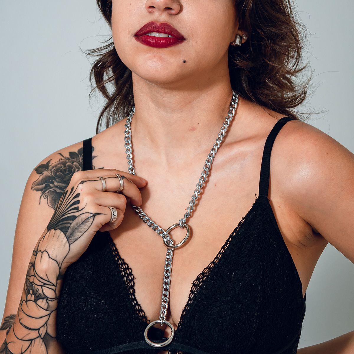 Colar Slip Chain Gravatinha com Argola Reforçado Prateado BDSM
