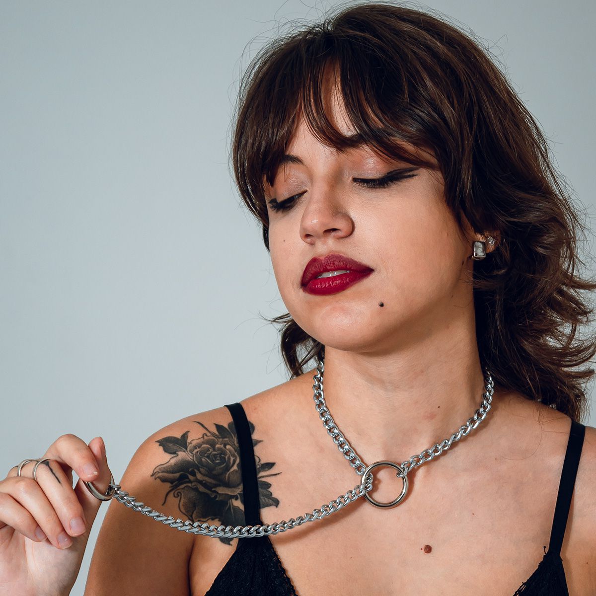 Colar Slip Chain Gravatinha com Argola Reforçado Prateado BDSM