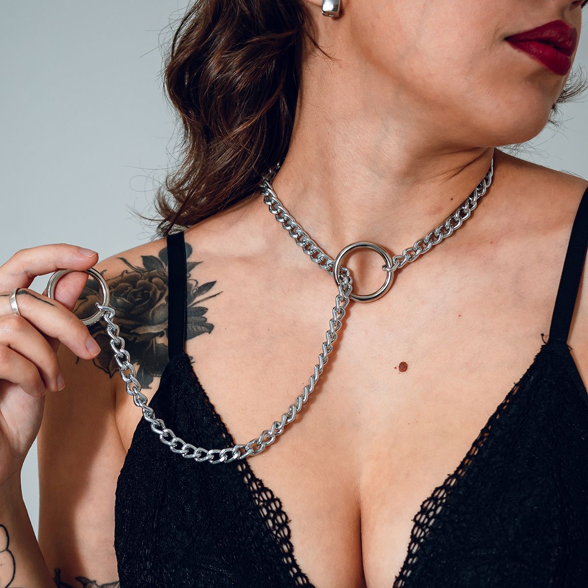 Colar Slip Chain Gravatinha com Argola Reforçado Prateado BDSM
