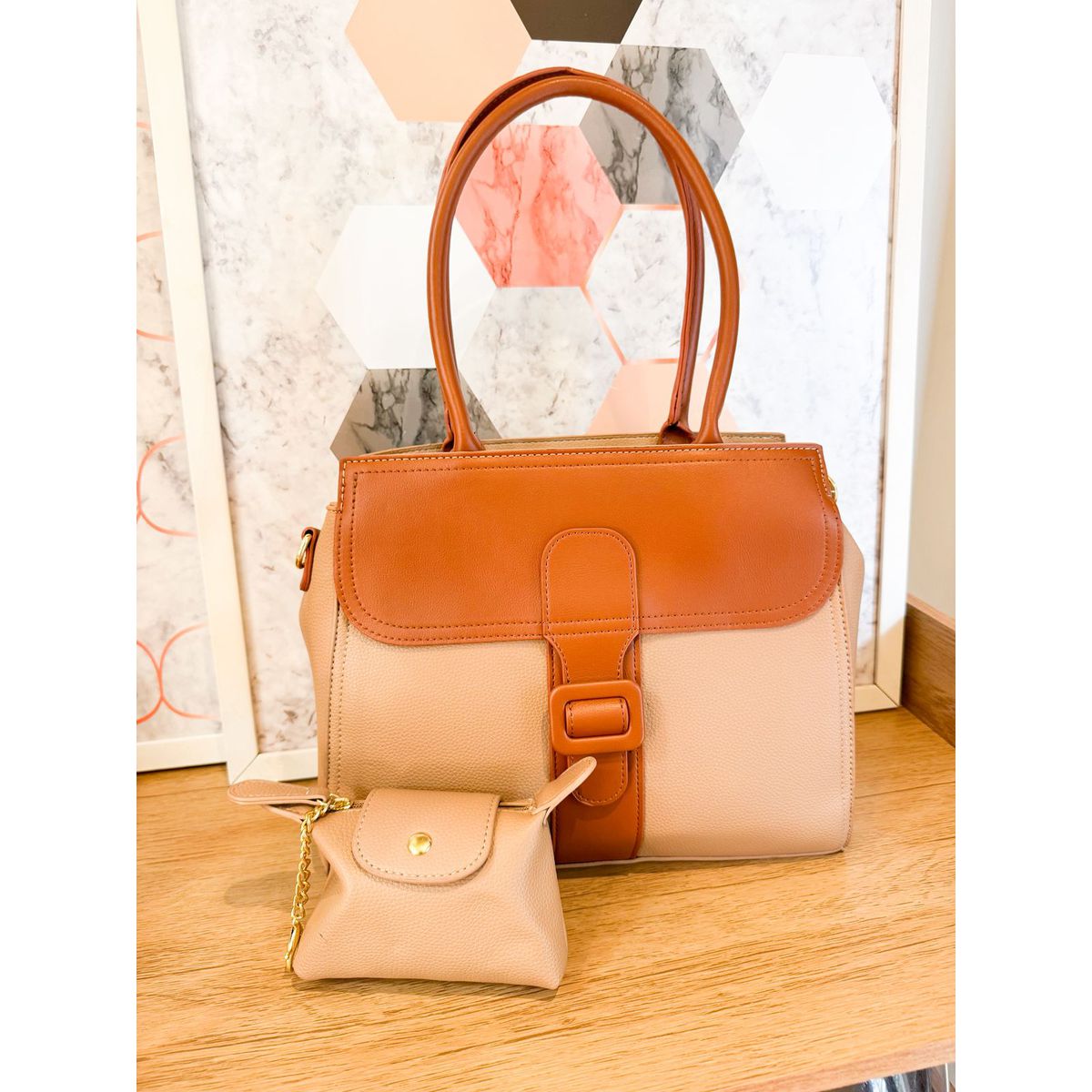 Bolsa Celina nude com caramelo - 29483 - Toque da Bella