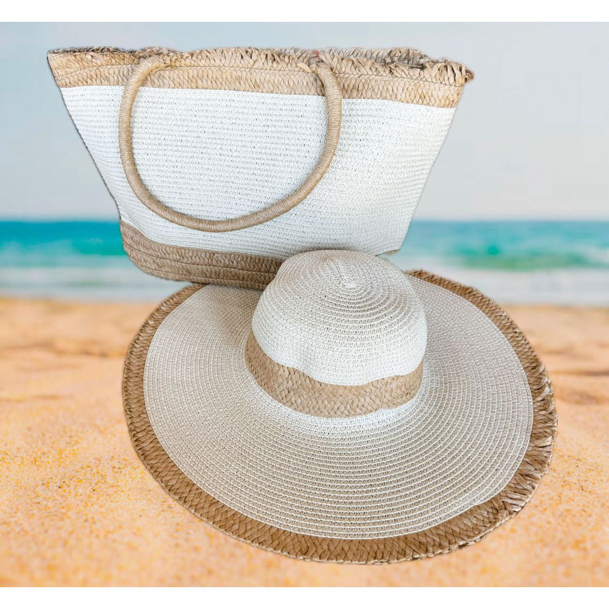 Kit bolsa + chapéu praia crú - 29605 - Toque da Bella