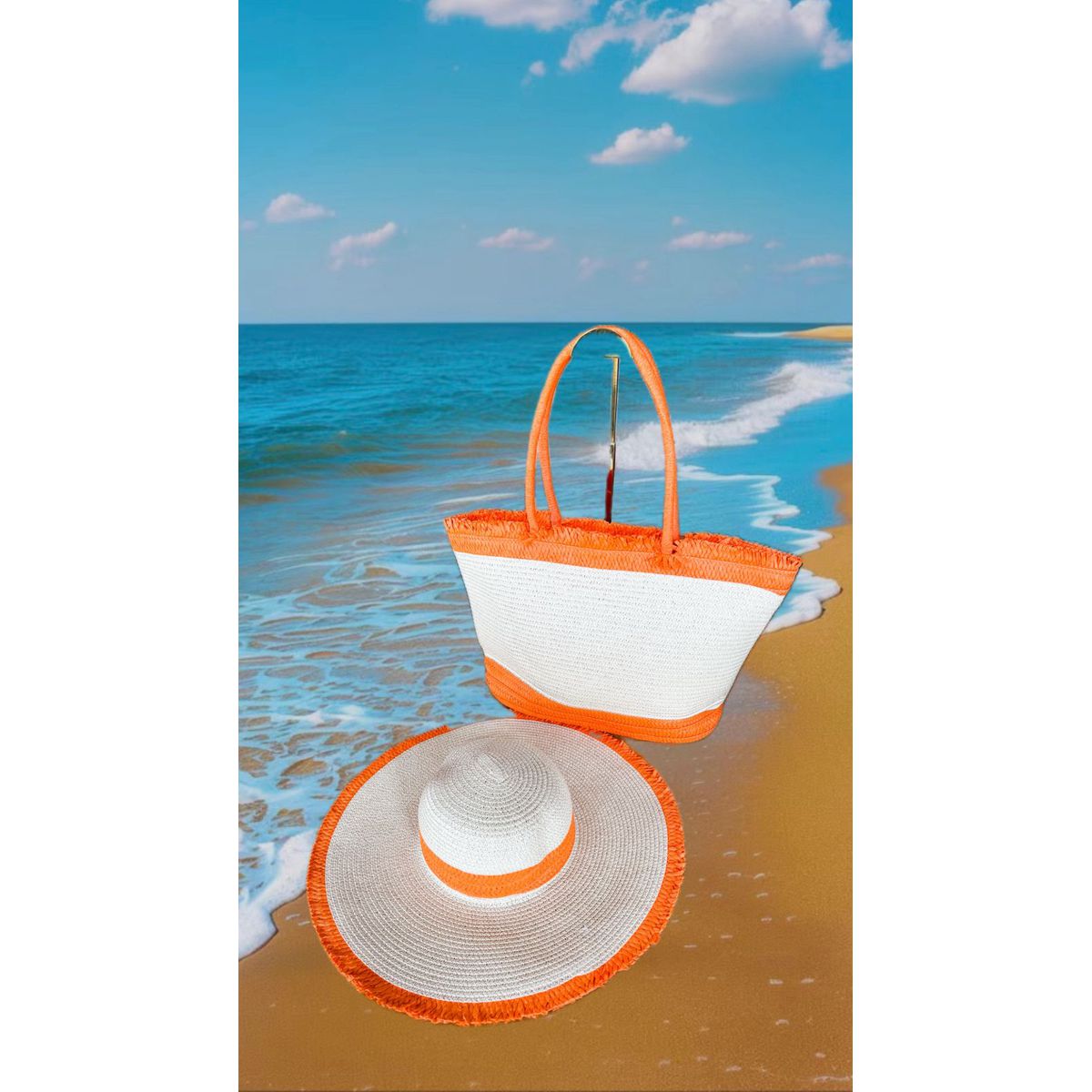 Kit bolsa + chapéu praia laranja - 29615 - Toque da Bella