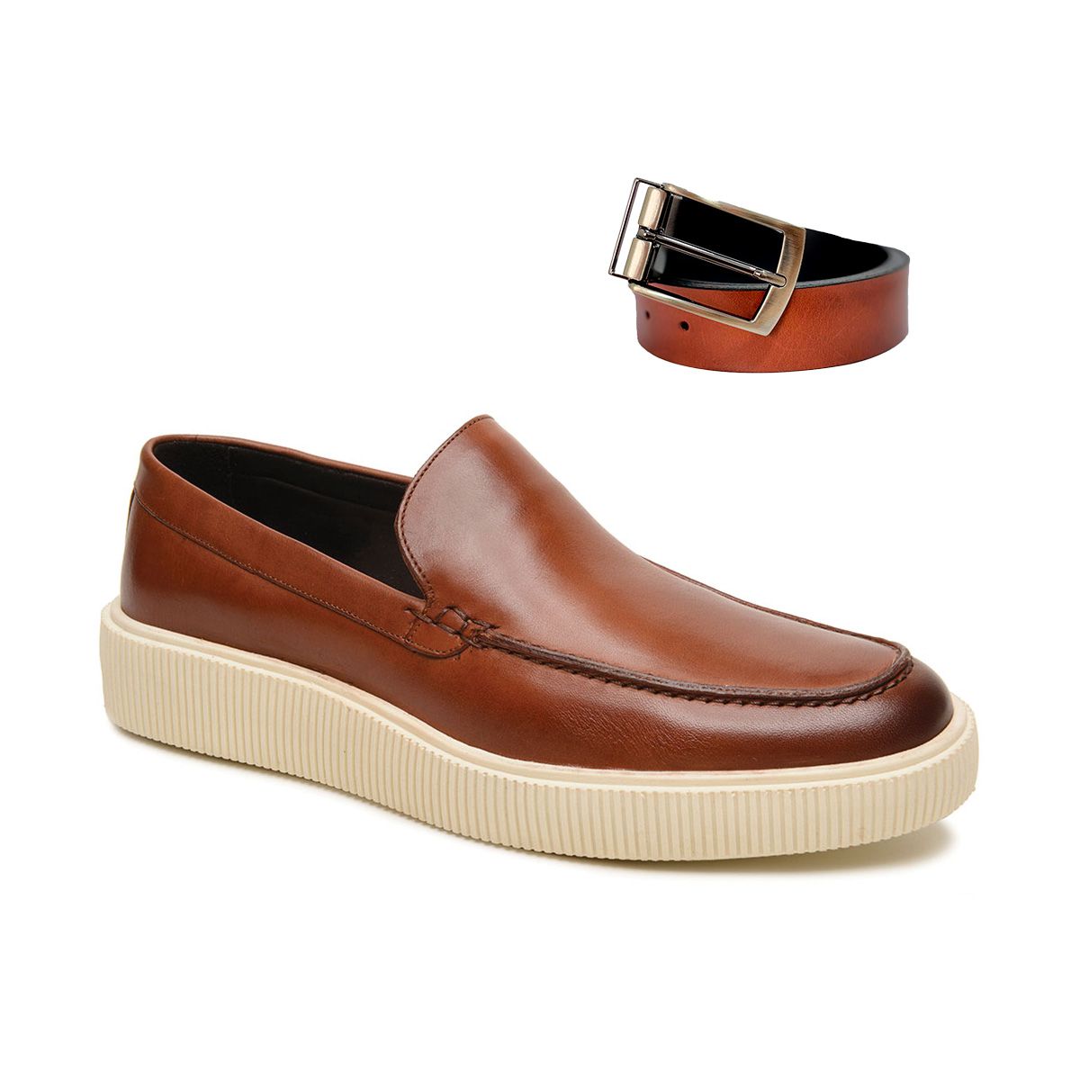 Kit Sapato Masculino Loafer Konna Whisky e Cinto Dupla Face - Whisky e Preto