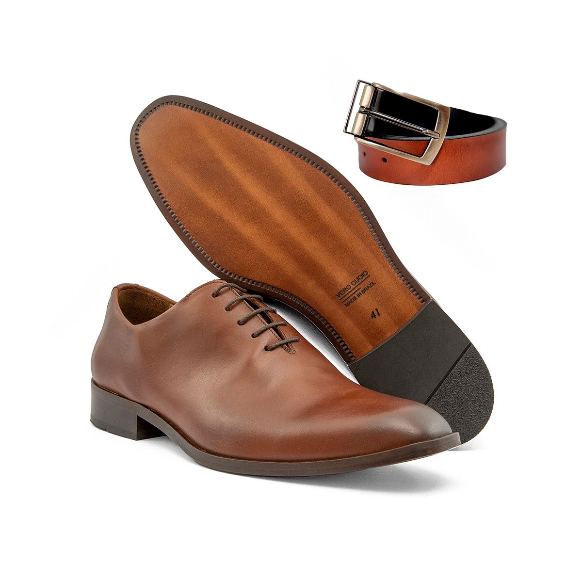 Kit Sapato Social Wholecut Vero Cuoio Whisky e Cinto Face - Whisky e Preto
