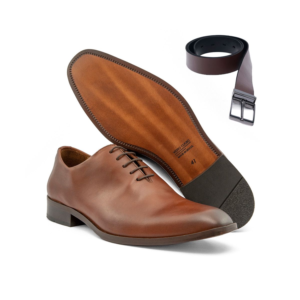 Kit Sapato Social Wholecut Vero Cuoio Whisky e Cinto Dupla Face
